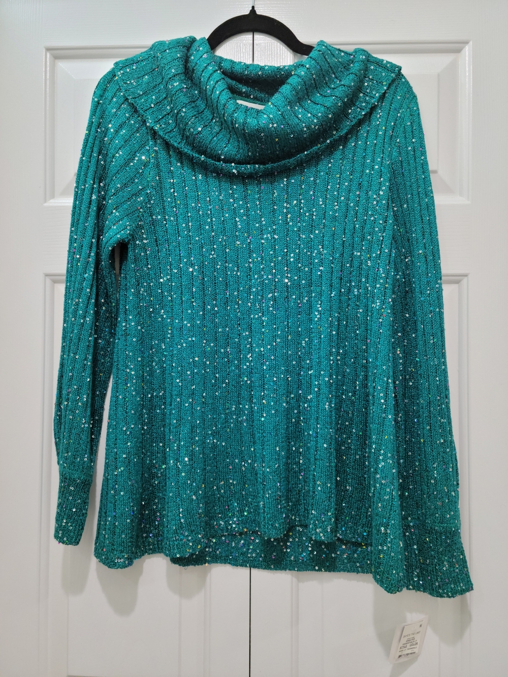Skye's the Limit Teal Sparkle Cowl Neck Sweater